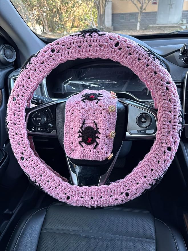 Crochet Spider Steering Wheel Cover Universal 14-15 inch (B,Wheel Cover+2 Belt Cover)