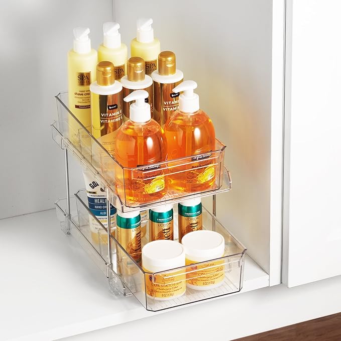 Masirs 2-Tier Clear Pull-Out Drawer Organizer - Sleek, Compact & Sturdy Makeup and Closet Organizer - Easy Assembly Kitchen S
