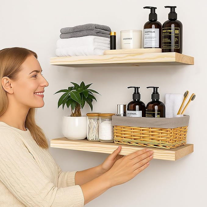 BGMG Wood Floating Shelves 24 inch, Wide Rustic Wooden Wall Shelves for Bathroom Living Room Bedroom Kitchen Farmhouse Set of
