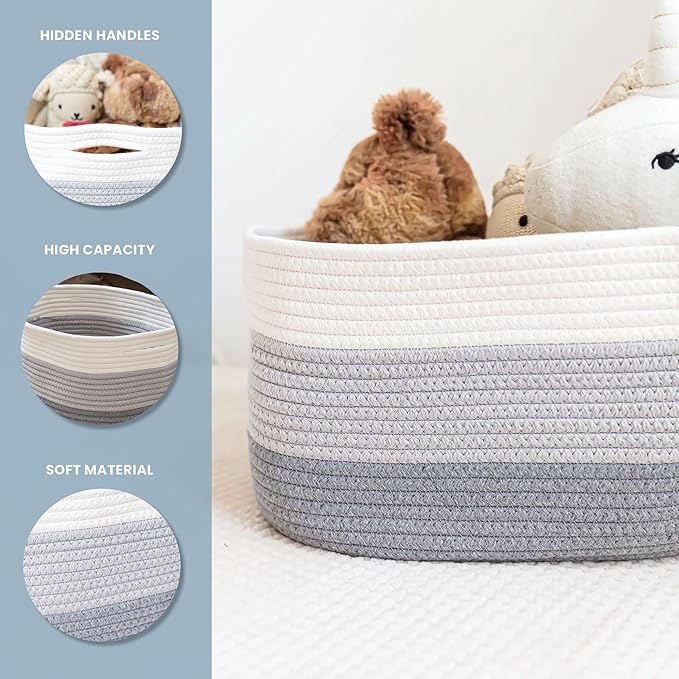OrganiHaus Cotton Rope Basket for Shelf - Woven Storage Basket for Organizing, Closet & Toy Storage - 3-Toned Gray - 15x9x10