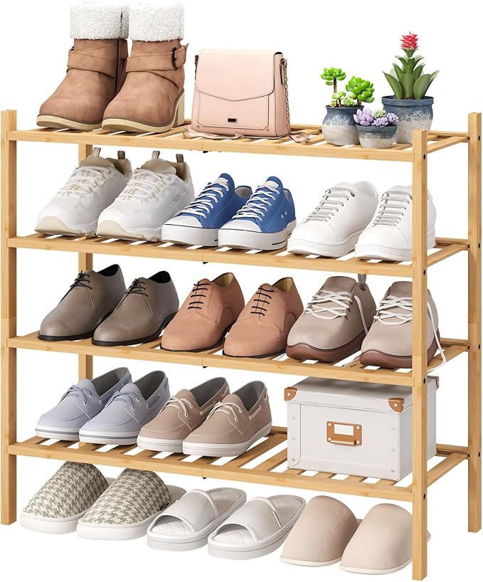 viewcare 4-Tier Bamboo Shoe Rack for Entryway, Stackable | Foldable | Natural, Shoe Organizer for Hallway Closet, Free Standi
