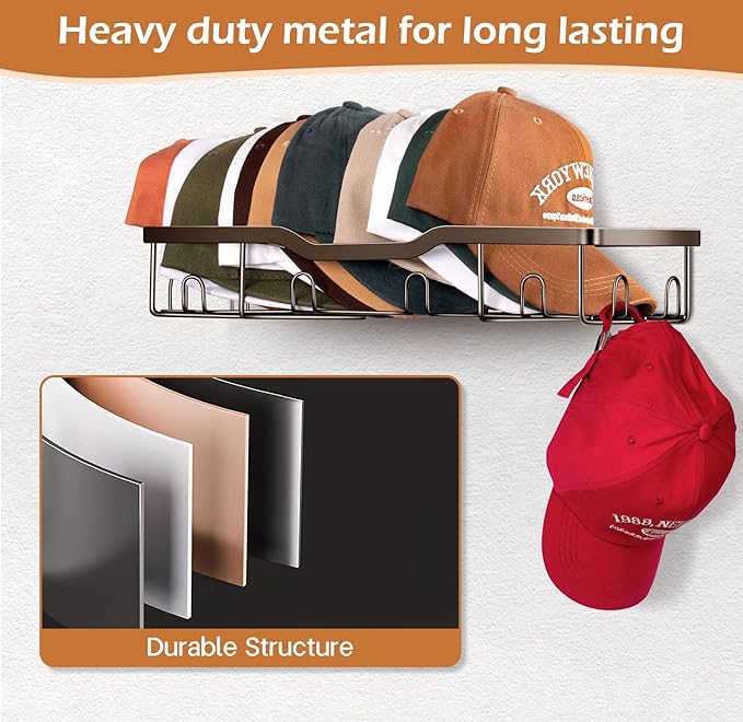 KEETDY Metal Hat Racks for Wall Baseball Cap Organizer Fit 48 Caps Holder, 2 Packs Sturdy Wall Mounted Hat Storage Organizer,