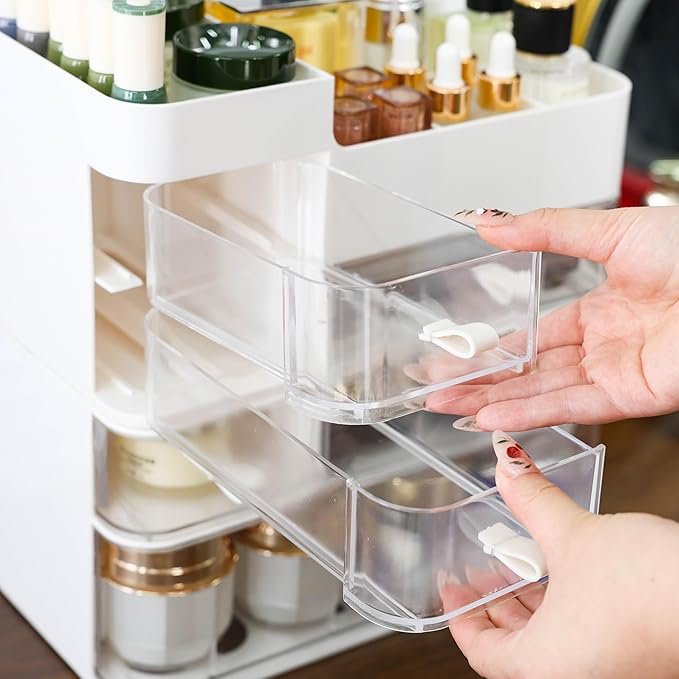 White Countertop Makeup Organizer with 6 Drawers,Large Capacity Skincare Organizers for Vanity,Desk,Dresser,Plastic Bathroom 