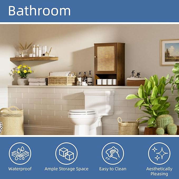 HITNET Bathroom Cabinet Wall Mounted, Medicine Cabinet with Single Rattan Door, Bamboo Hanging Storage Organizer Over Toilet,