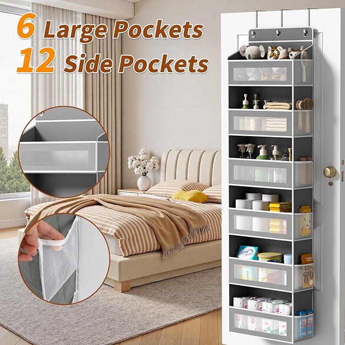 Over The Door Organizer with 6 Large Pockets, Over the Door Storage 12 Side Pockets, Hanging Door Organzier 44 lb Load Behind