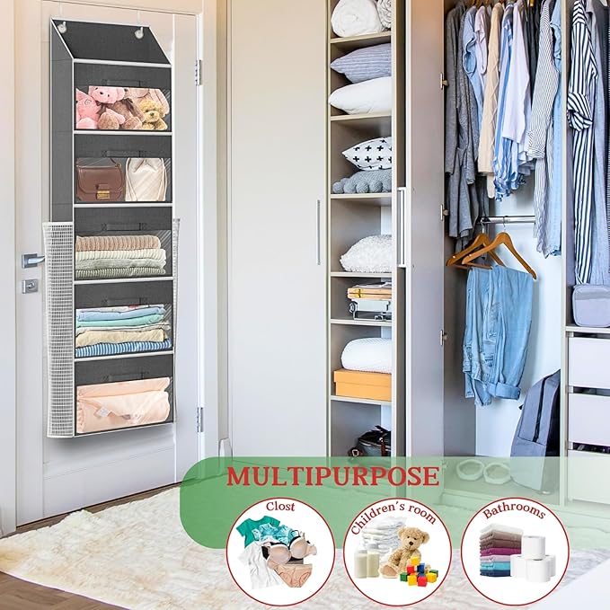 Ofiray-home Over Door Wrapping Paper Organizer Storage with 5 Removable Drawers & 2 Large Side Pockets for Gift Wrap Rolls Wr