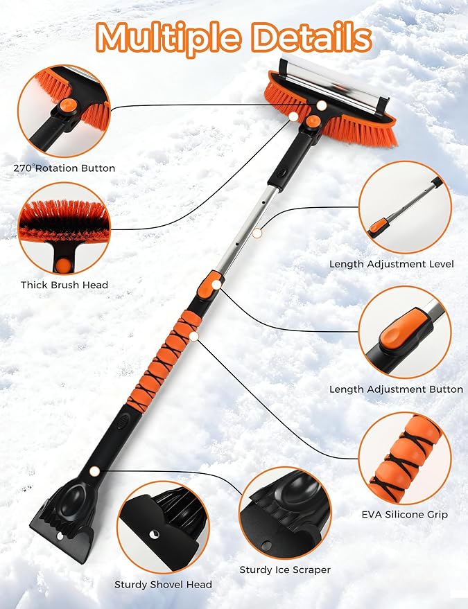 41" Extendable Ice Scrapers for Car Windshield 2-in-1 Snow Brush for Car Snow Scraper for Car Snow Scraper and Drush with Ergonomic Foam Grip for Cars, Trucks, SUVs with 360� Pivoting Brush Head