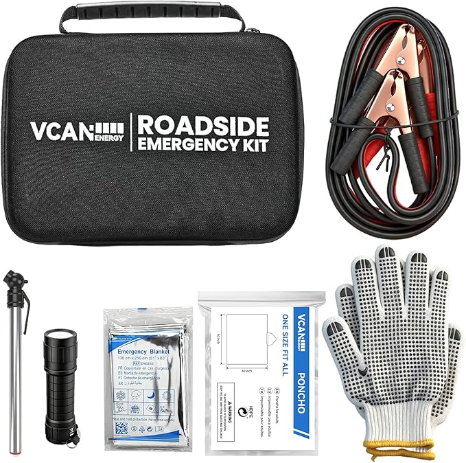 Car Emergency Safety Kit Bag with Jumper Cables, Tire Pressure Gauge, Auto Vehicle Safety Road Side Assistance Kits Essential