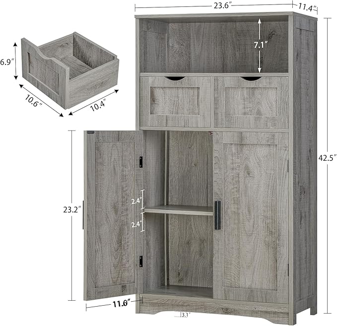 Iwell Storage Cabinet with 2 Drawers & 2 Adjustable Shelves, Kitchen Cabinet, Cupboard, for Living Room, Kitchen, Entryway, H
