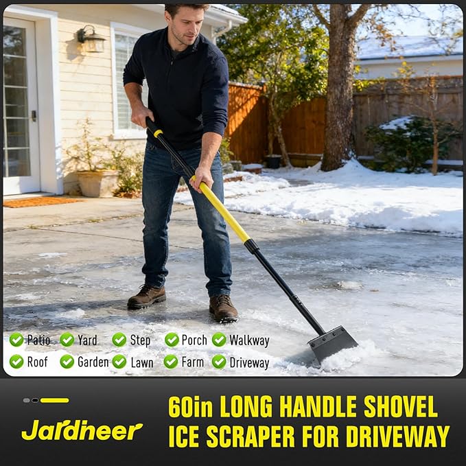 Jardineer Ice Scraper for Driveway, 60" Long Handle Snow Shovel with Thickened Blade, Multifunctional Metal Flat Shovel for Walkway, Garden, Garage Floor and Outdoor Cleaning