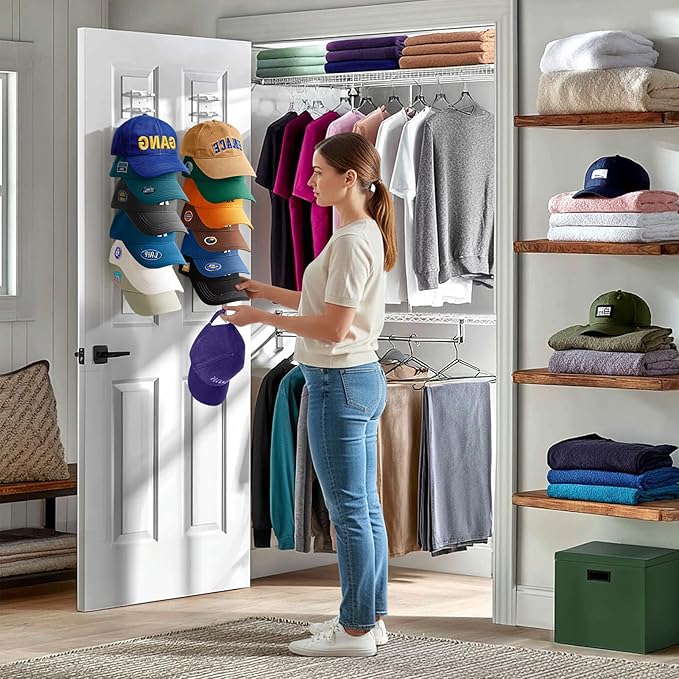 Hat Organizer for Baseball Caps Wall, 2 Pack Hat Holder for Closet Door Hold up to 16 Hats,Hat Hook with Adhesive and 8 Screw