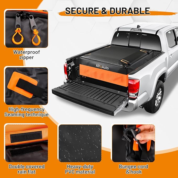 [Jumbo 38 CuFt] Truck Bed Cargo Bag, 100% Waterproof Heavy Duty Pickup Storage Bag (58"x49"x23"), Heat-Welded Seams & 3-Side Zipper, Fits Full-Size Trucks for Moving & Camping