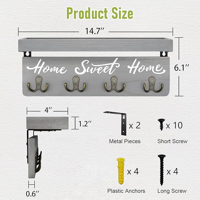 buways Key Holder Wall Mount with 4 Double Hooks-Solid Wood Wall-Mounted Organizer for Keys&Mail Rustic Key Rack Hanger Holde