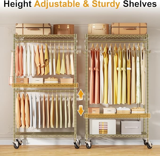ULIFHOME P1 Rolling Clothes Rack, Portable Wardrobe Closet with Wheels, Heavy-Duty Closet Clothing Rack for Hanging Clothes, 