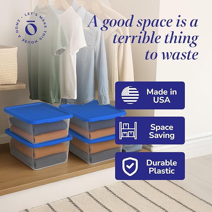 HOMZ 4-Pack Snaplock, Small Clear Plastic Storage Organizer Bins w/Lids, 12 Quart, Blue - Stackable Container Boxes for Bedro