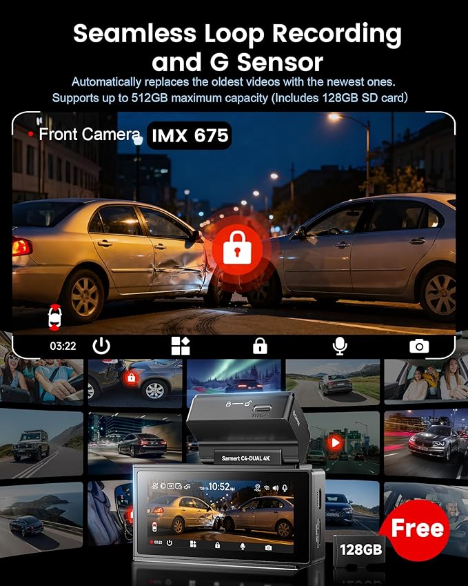 Dash Cam Front and Rear - Sarmert C4 Dual 4K Built-in GPS and 5G WiFi, Free 128GB Card Included, HDR Night Vision, WDR, 4K UH