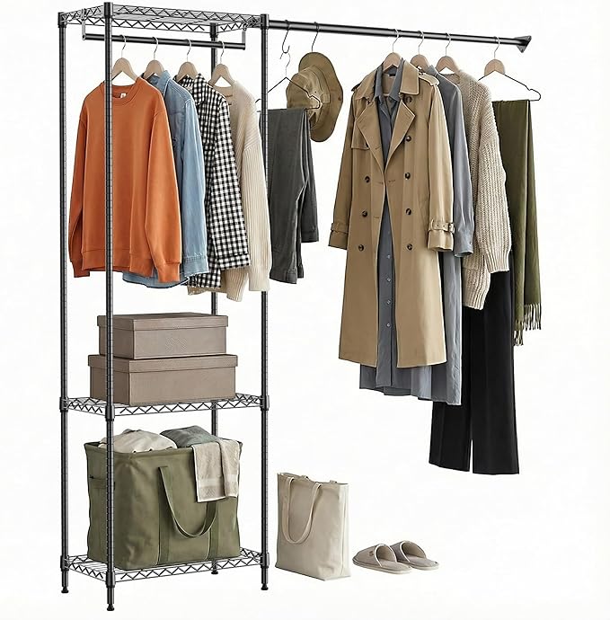 MZG Heavy Duty Rolling Garment Rack 3 Tiers Adjustable Wire Shelving Clothes Rack with 2 Rods Storage Closet Clothing Rack Bl