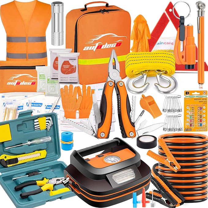 AUTODECO 131 Pieces Car Emergency Safety Kit Bag with Air Compressor Jumper Cable Tire Pressure Gauge Roadside Emergency Car 