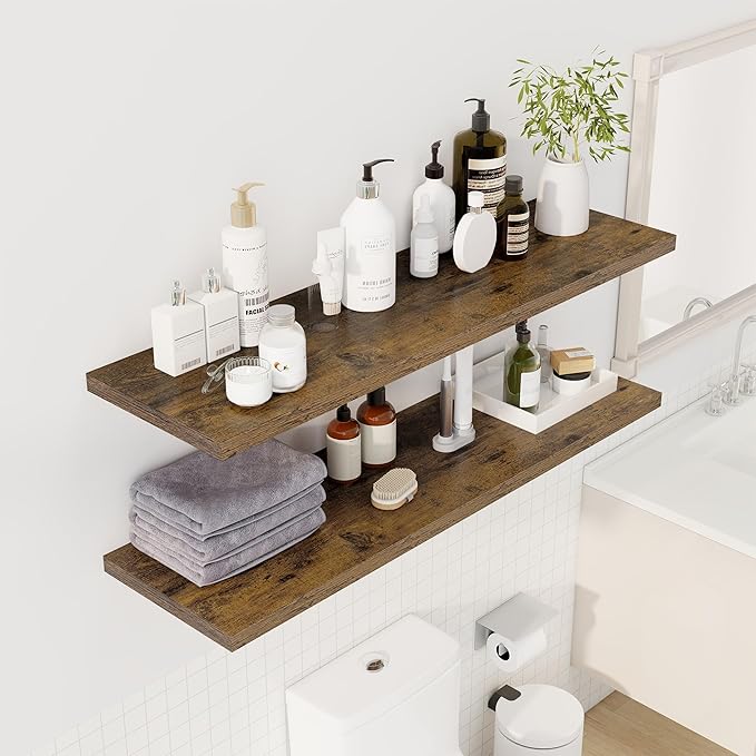 Dreamland 48" Floating Shelves for Wall, 12" Deep Slim Rustic Brown Floating Shelves, Wall-Mounted Shelves for Bedroom, Livin