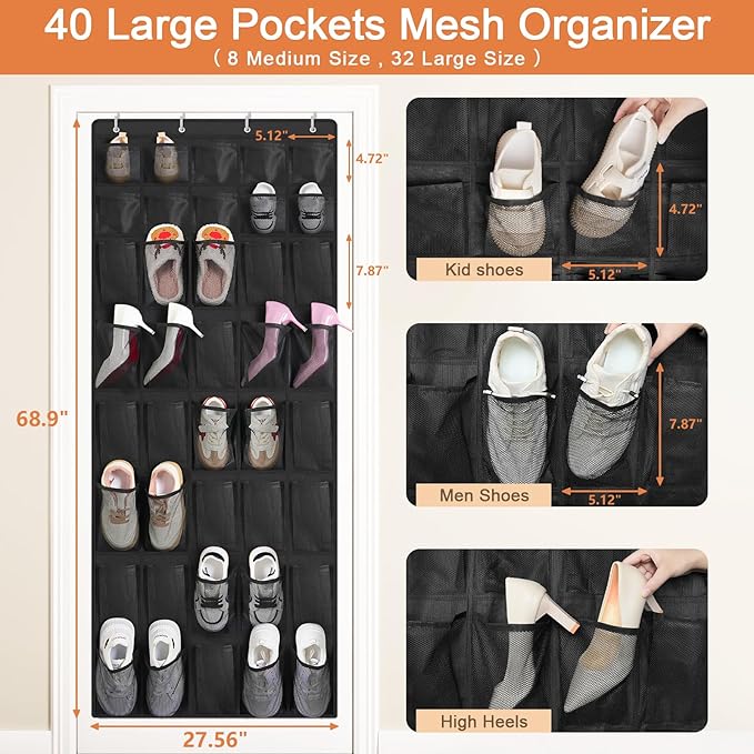 FENTEC 40 Large Pockets Over The Door Shoe Organizer, Mesh Hanging Shoe Organizer Shoe Rack for Closet Mesh Closet Shoe Holde