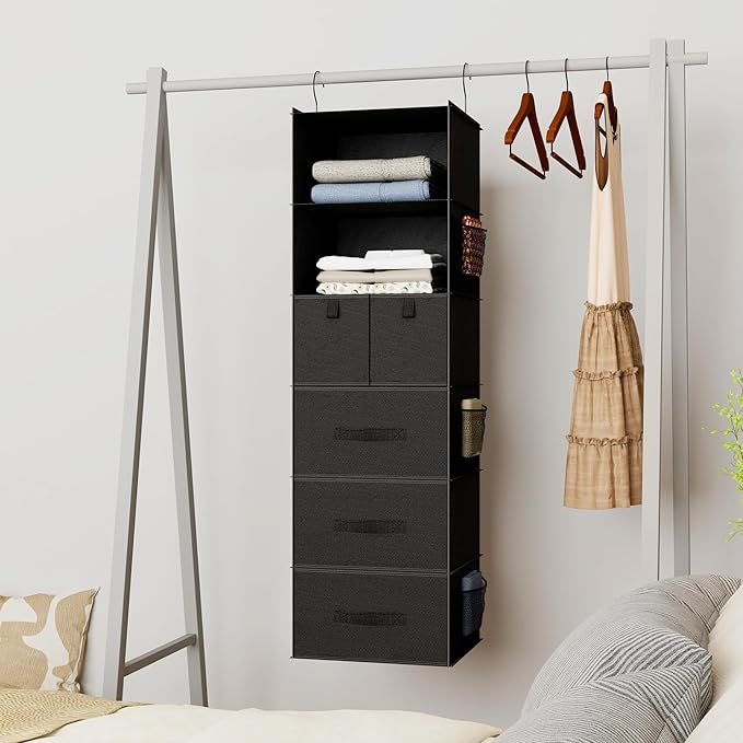 6-Shelves Hanging Closet Organizer with 5 Different Drawers, Foldable Closet Organizers and Storage for Wardrobe, Closet& RV,