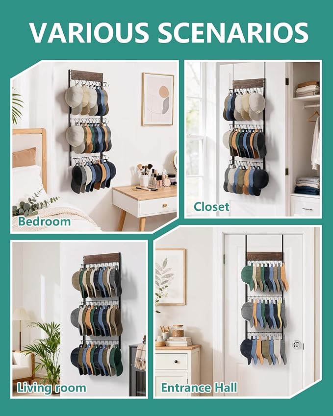 FANGSUN 3-Tier Over the Door Hat Rack with 30 Movable Hooks – Wall Mounted Hat Organizer for Baseball Cap Storage, Cap Holder
