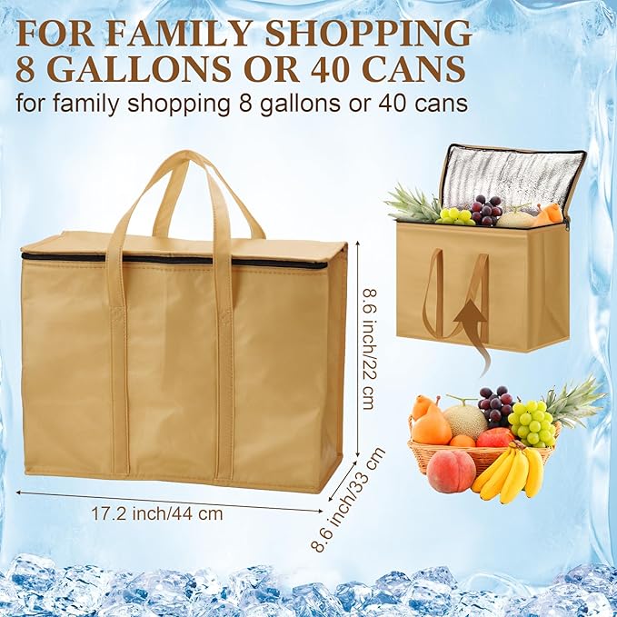 3 Pack XL-large Insulated Reusable Grocery Bags Foldable Cooler Bag Collapsible Shopping Tote for Groceries Stands Upright Storage Bags with Zippered Top and Handles for Food Deliver(Beige)
