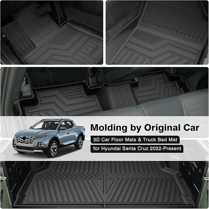 Powerty Floor Mats & Truck Bed Mat for 2022-2024 2025 2026 Hyundai Santa Cruz Accessories Floor Mats 2 Row Liner Set All Weather TPE 3D Floor Liners&Truck Bed Liner