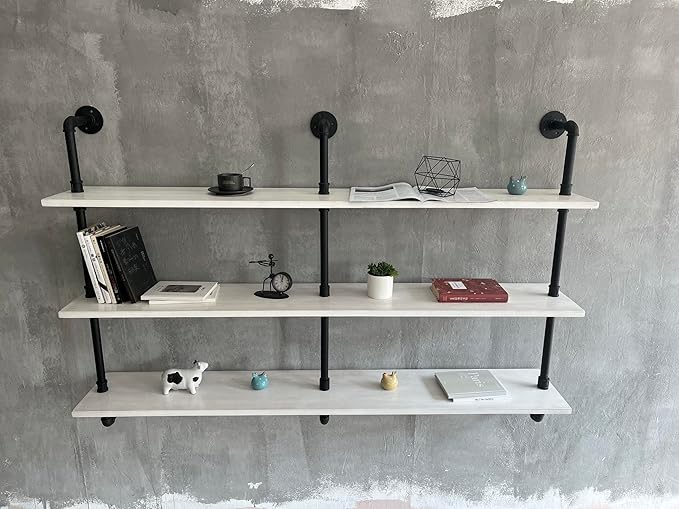 Industrial Pipe Shelving Rustic White Pipe Wall Shelves Industrial Shelves with Wood Planks Floating Shelves 60 Inch Farmhous
