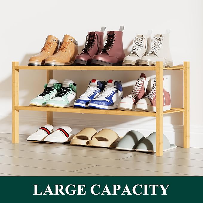 Smiry Shoe Rack, 2 Tier Bamboo Shoe Organizer, Stackable Free Standing Wooden Shoe Storage Shelf for Closet, Entryway, Front 