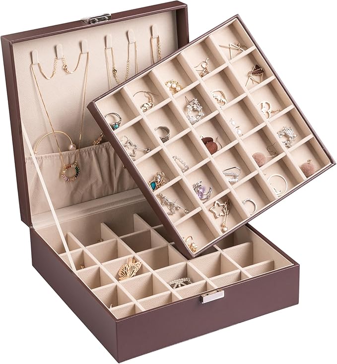 Frebeauty Earring Organizer Classic Jewelry Box 50 Slots Double Layer Jewelry Storage Case with 6 Necklace Hook and Bracelet 
