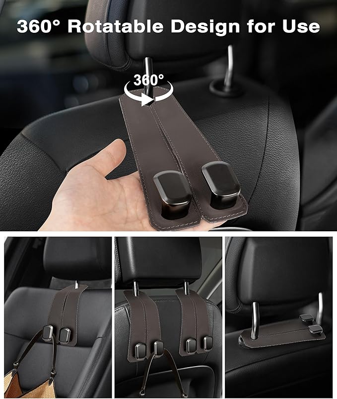 Luxurious Leather Car Purse Holder Hooks - 2PCS Multifunctional Headrest Hangers for Seat Back Storage (Brown)