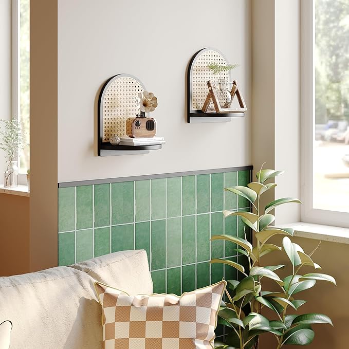 Rattan Shelf Set of 2, 7'' Black Rattan Shelf with Wicker Decor, Boho Wall Decor Small Floating Shelf for Plant Figurines Dis