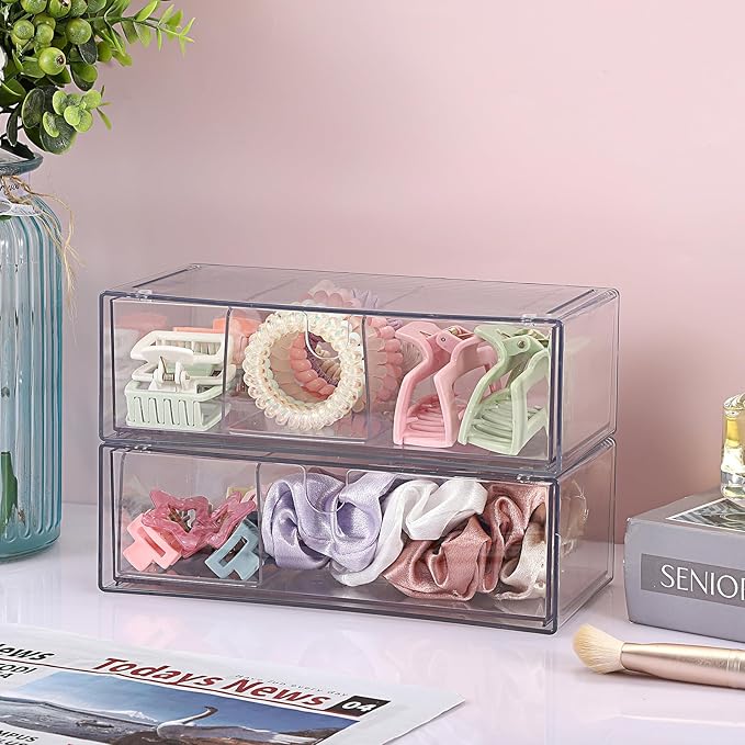 Hipiwe 2-Tier Acrylic Storage Drawer Stackable Box Hair Accessories Organizer Clear Desktop Organizer with Removable Dividers