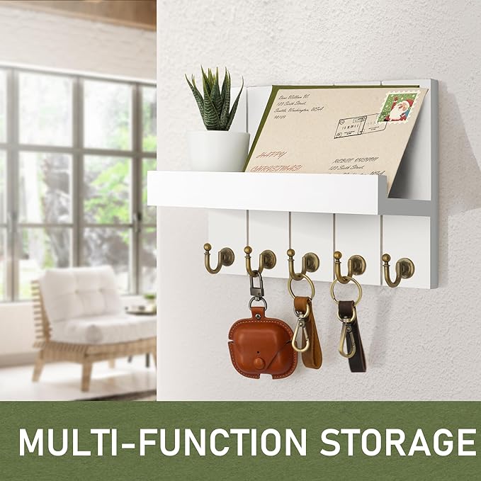 Rebee Vision Key Holder for Wall - Decorative Mail Organizer Wall Mount with 5 Key Hooks for Modern Farmhouse Apartment Essen
