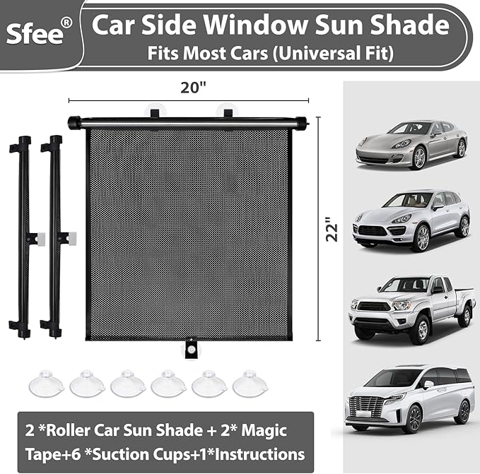 Sfee Car Window Shades for Baby-2 Pack Retractable Side Window Car Sun Shade Blocks UV Rays & Heat for Sun Protection Roller Sunshade Visor Window Shade for Kids,Passengers,Pets (20''x22'')