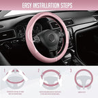 PIC AUTO Steering Wheel Cover, Pink Patterned Leather Patchwork Design, Universal Fit 14.5"–15.5", Anti-Slip, Odor-Free, Soft