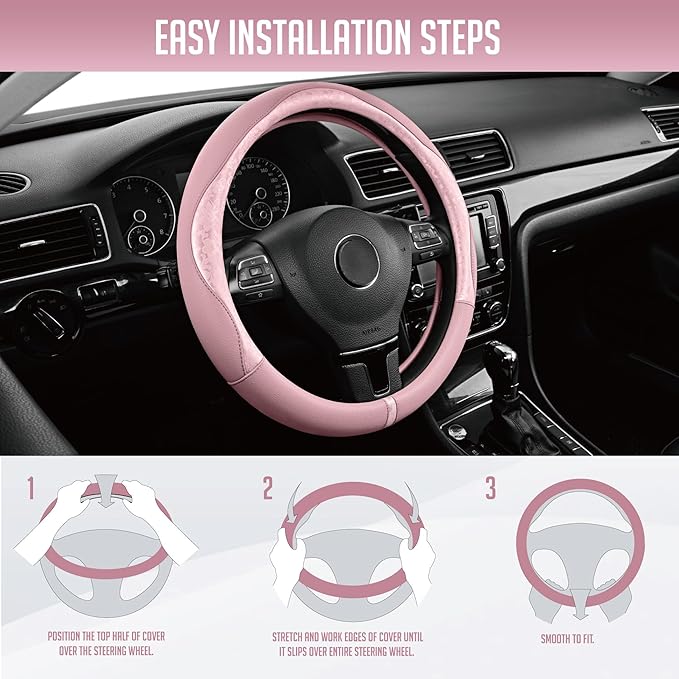 PIC AUTO Steering Wheel Cover, Pink Patterned Leather Patchwork Design, Universal Fit 14.5"–15.5", Anti-Slip, Odor-Free, Soft
