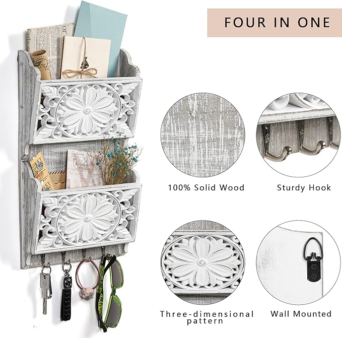 2-Slot Mail Organizer Wall Mount with 4 Hooks, Rustic Key and Mail Holder for Home Decorative, Wooden Key Hangers Wall File O
