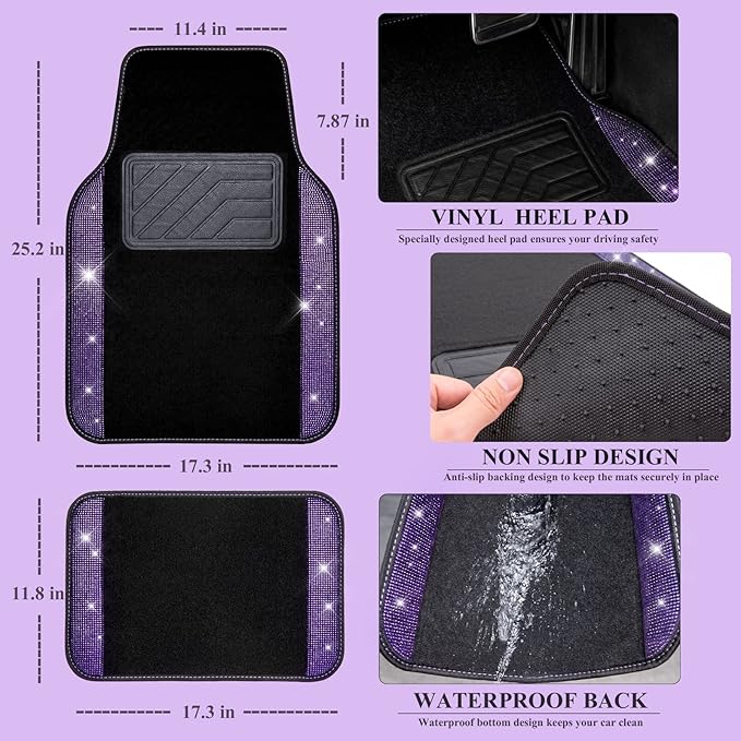 CAR PASS Bling Rhinestone Diamonds Car Seat Covers Leather Shining Rhinestone Car Floor mats Carpet with Anti-Slip Nibs Spark