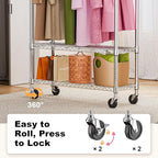 M MZG Heavy Duty Rolling Garment Rack 3 Tiers Adjustable Wire Shelving Clothes Rack with 1 Rods and Side Hooks,Storage Closet