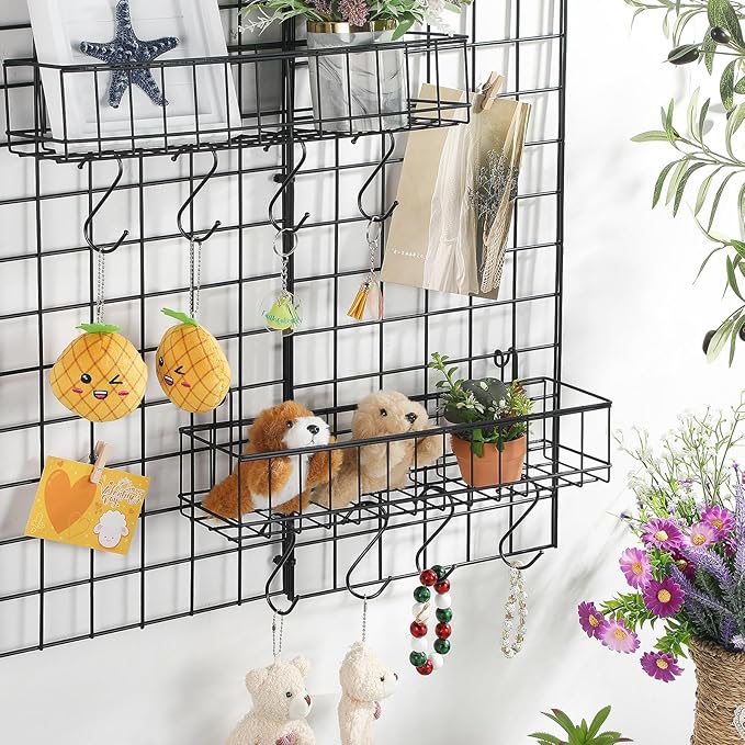 Black 4 Pack Grid Wall Hanging Baskets with 16 S Hooks, 15.8 x 3.9 x 3.2 Inch Metal Wire Wall Mount Storage Baskets for Grid 