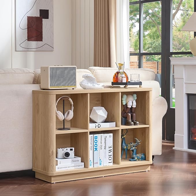 Joaxswe 6 Cube Storage Book Shelf, 40" Wide Low Horizontal Bookcase with Curved Edge, Floor Standing 2-Tier Wooden Bookshelf 