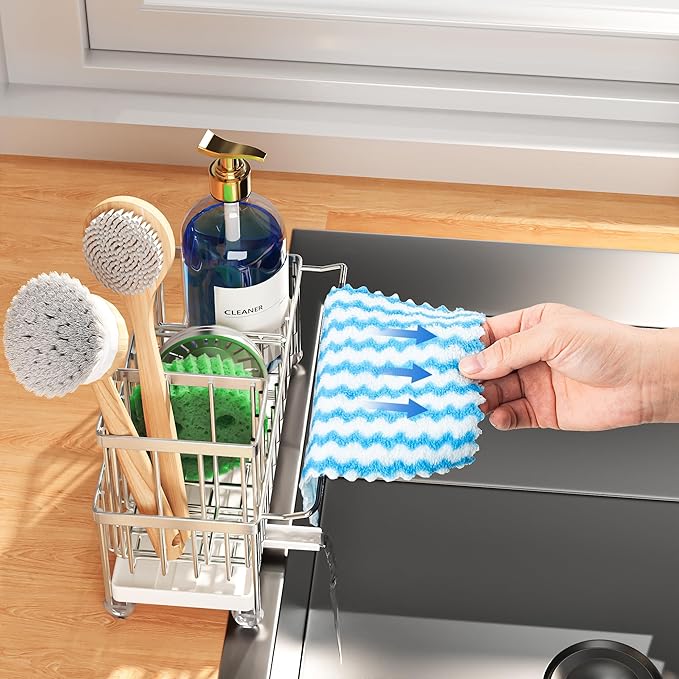 Cisily Sponge Holder for Kitchen Sink, Sink Caddy Organizer with High Brush Holder, Kitchen Countertop Organizers and Storage