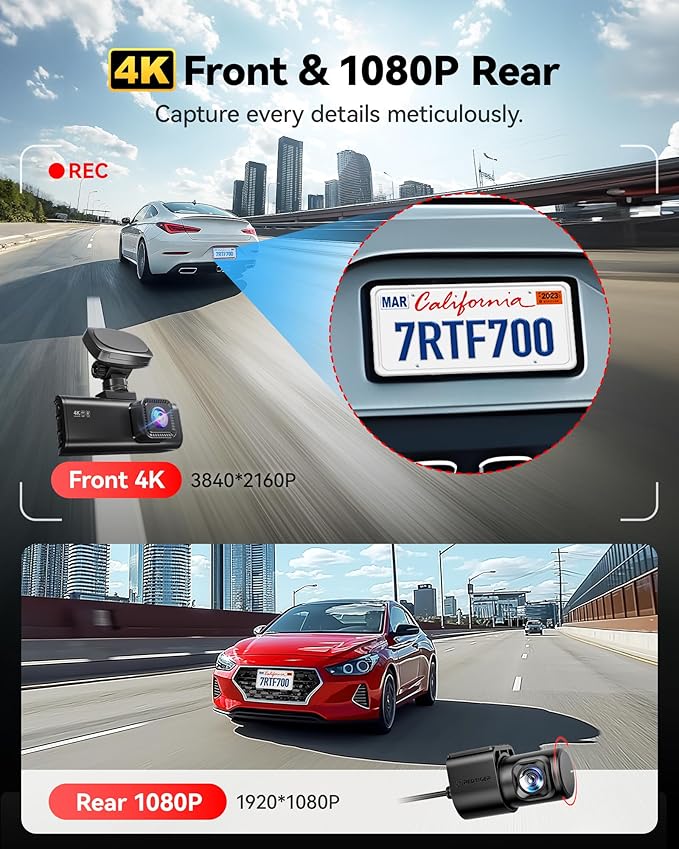 REDTIGER 4K Dash Cam Front and Rear, STARVIS 2 Sensor, 64GB Card Included, 4K/2.5K+1080P Dual Dash Camera for Cars Built-in W