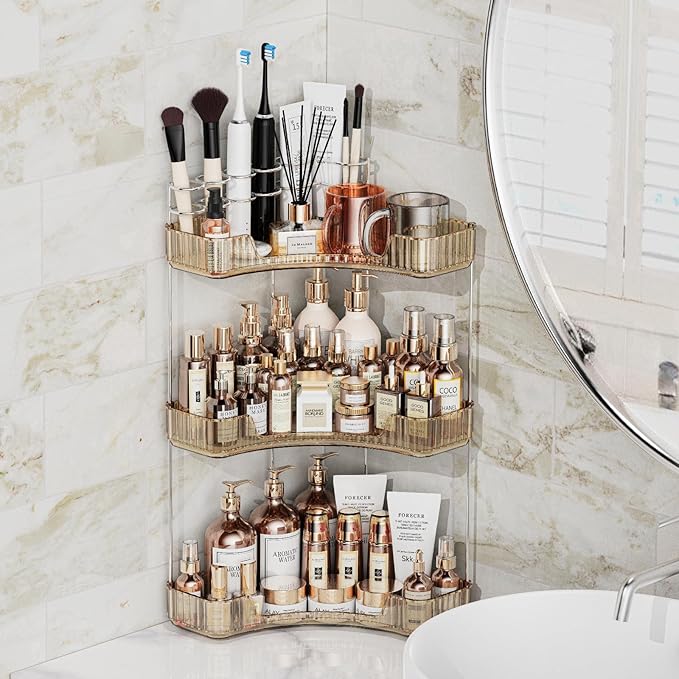 Asayuee 3-Tier Corner Bathroom Counter Organizer with Top Toothbrush Holders,Large Makeup Organizer Countertop with Brush Hol