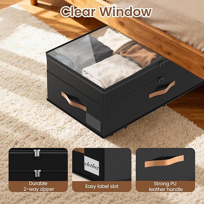 Under Bed Storage with Wheels, 2-Pack Underbed Storage Containers, No Assemble 11 inches 90L XXL Large Adjustable Storage Bin