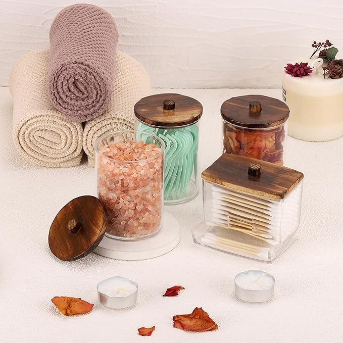 Tbestmax 4 Pack Qtip Holder Bathroom Container, 10/7oz Cotton Ball/Swabs Dispenser, Apothecary Jar with Bamboo Lids for Organ