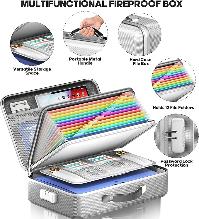 Fireproof Document Box, Hard Case Highly Flame-Resistant Fire Proof Waterproof File Organizer with Lock, Portable Fire Safe f