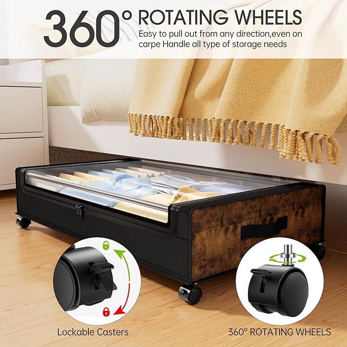Yecaye Under Bed Storage with Wheels, 2Pack Under Bed Storage Containers, Underbed Shoe Storage Organizer, Rolling Under Bed 